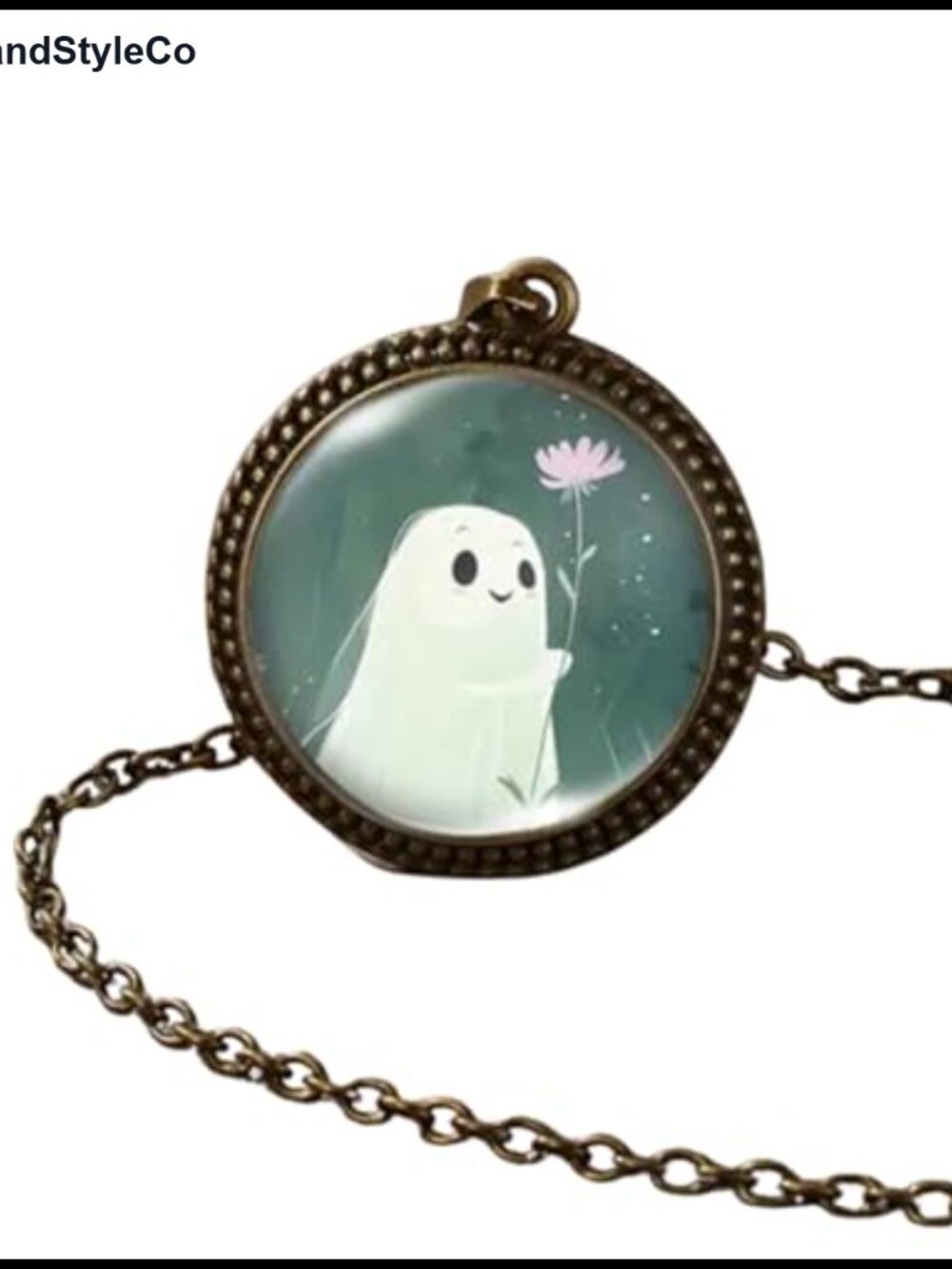 Ghost Pendant Necklace, Glass Dome Medallion with Lotus Design, Gold Plated